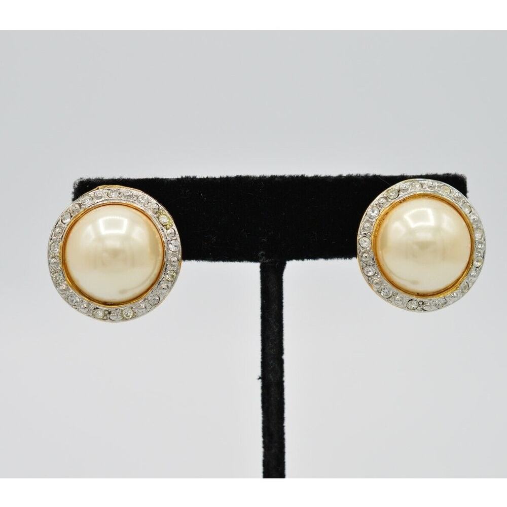 Erwin Pearl Vintage Clip On Earrings Crystal Chunky Pearl PEP Signed NOS 80s 9L